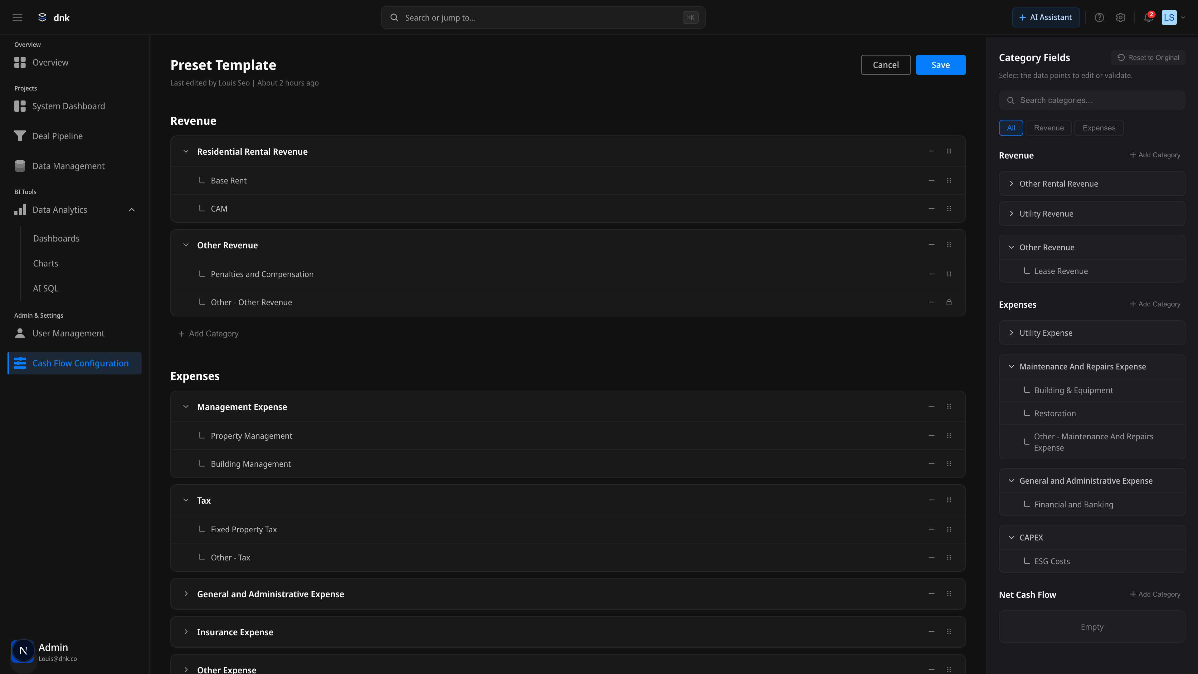 Cash Flow Config — 분할 화면 트리 편집기