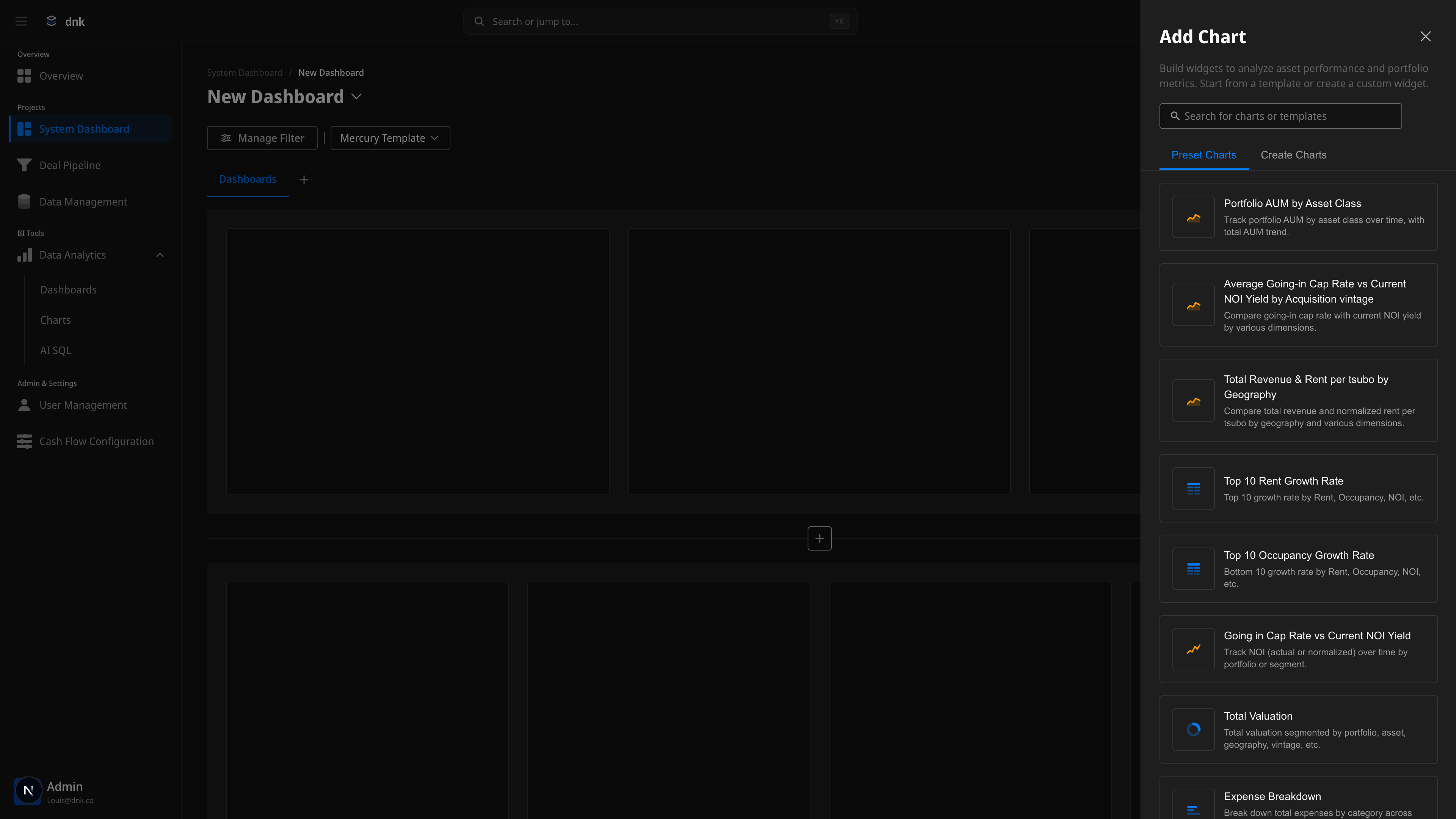 Dashboard Builder — 드래그앤드롭 레이아웃과 Preset Chart 패널