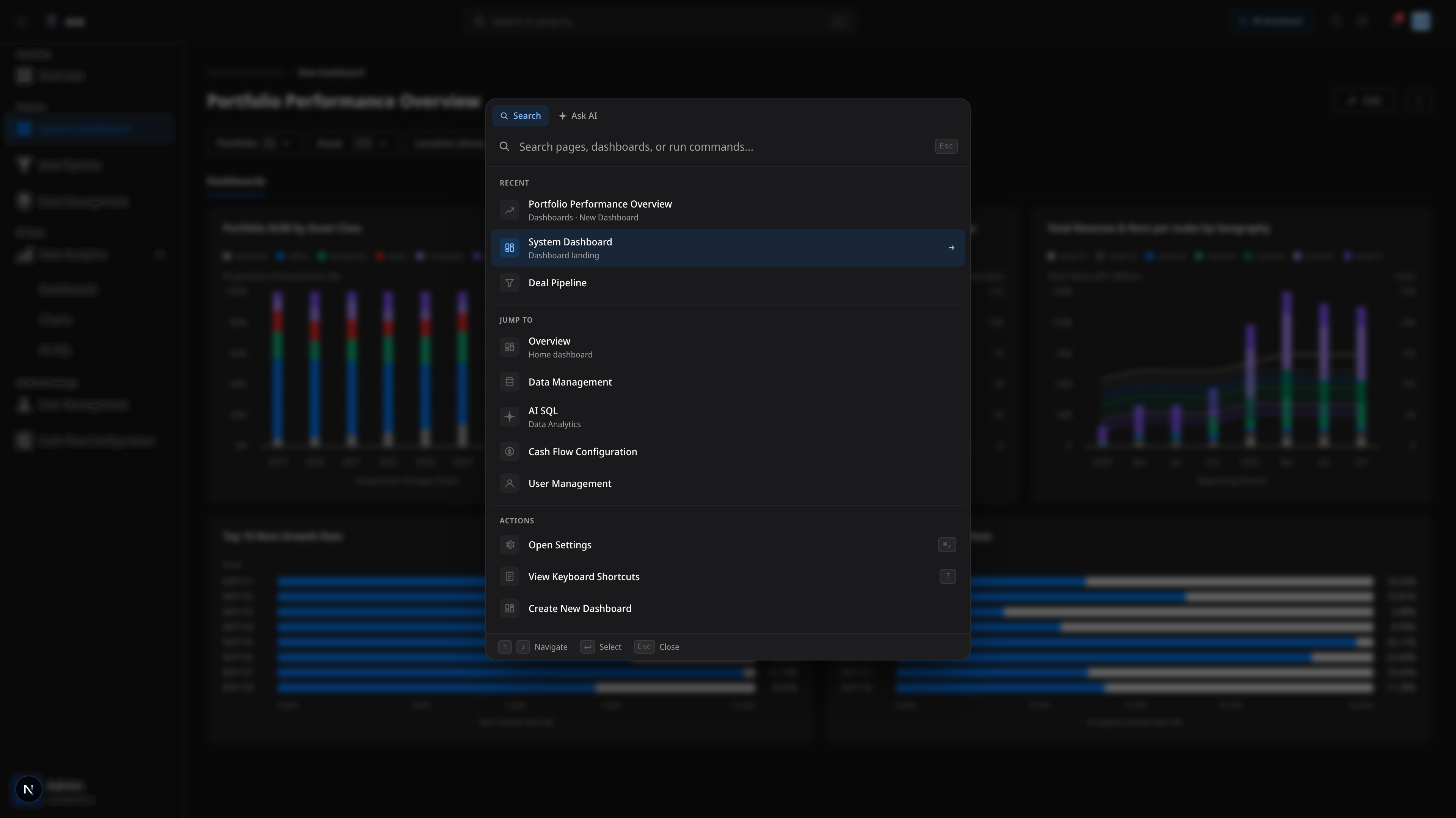 System Chrome — 탑바와 Command Palette가 함께 열린 상태