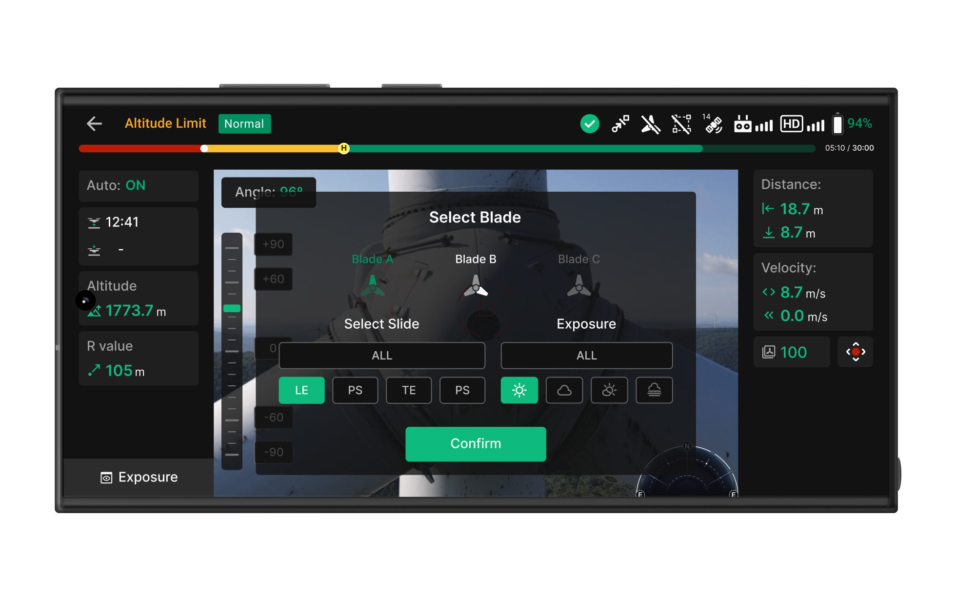 Blade selection and flight view