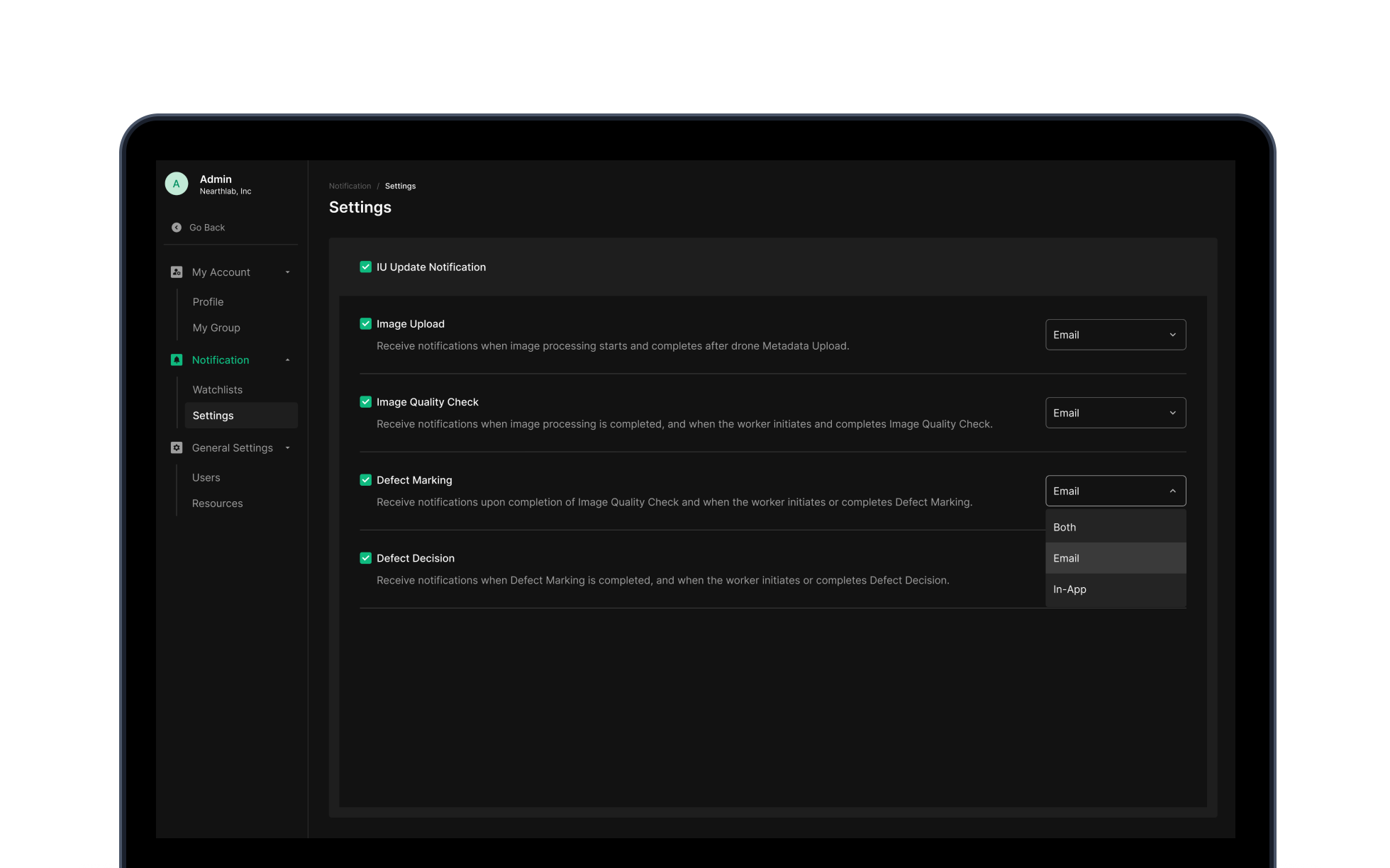 Dashboard settings view