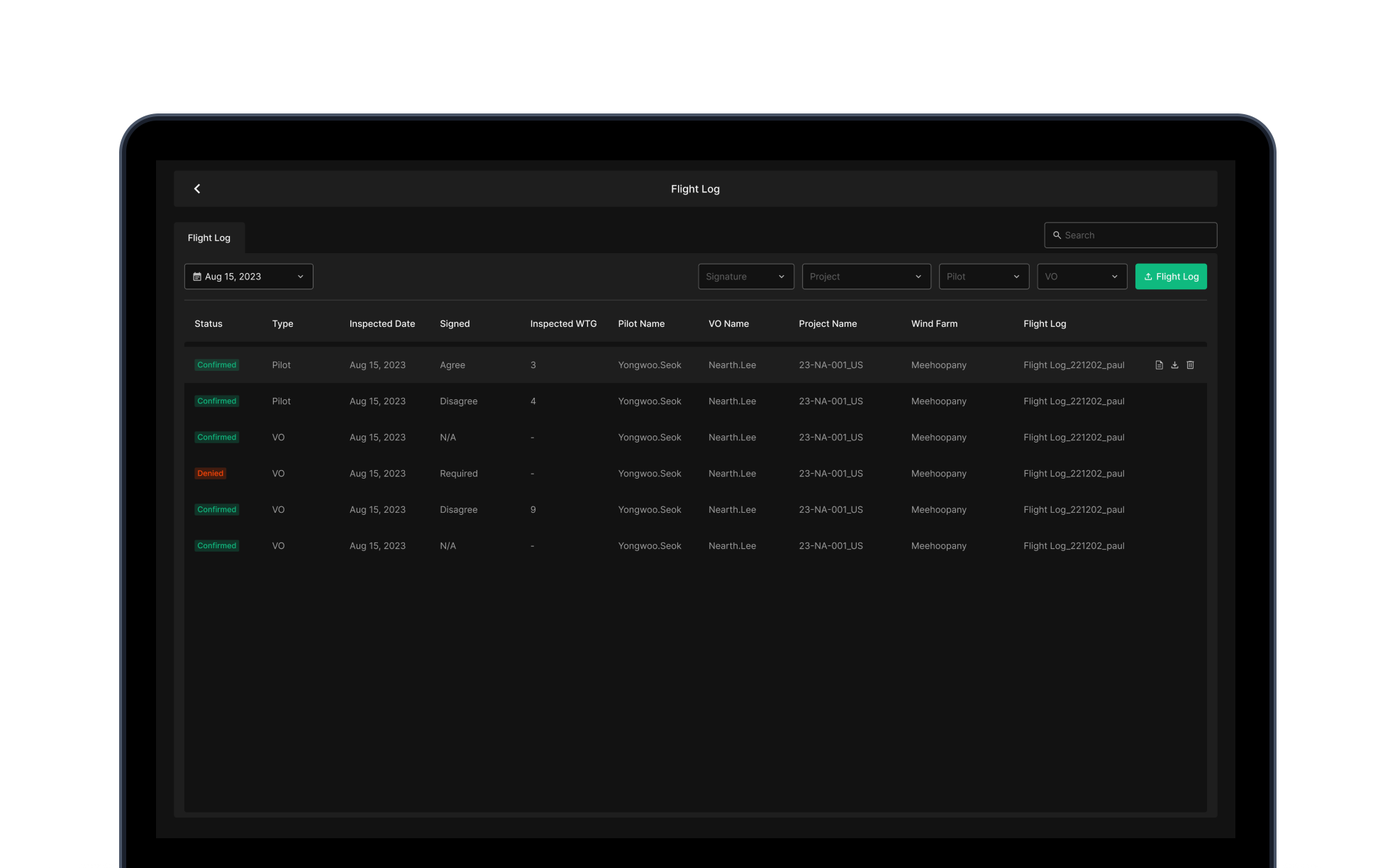 Flight Log detail view