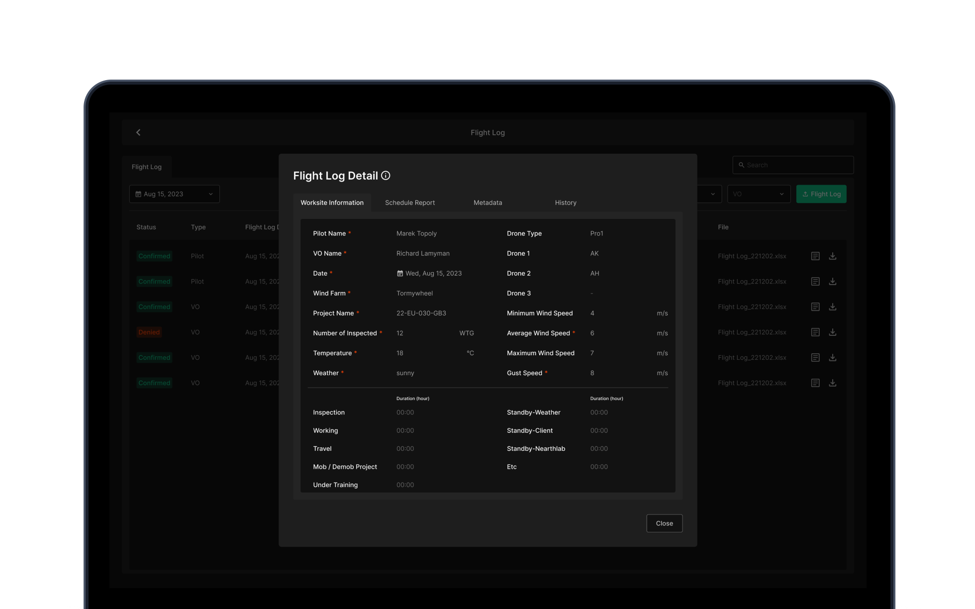 Flight Log history view